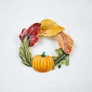 Vintage Jona gold & enamel fall leaves pumpkin wreath pin brooch thanksgiving